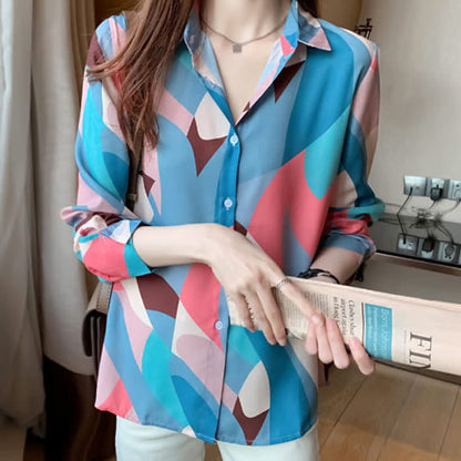 Chic Colorblock Long Sleeve Lapel Shirt