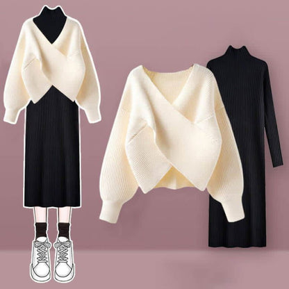 Chic Cross Knit Sweater Dress Set - B / M