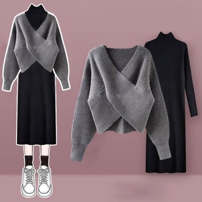 Chic Cross Knit Sweater Dress Set - C / M