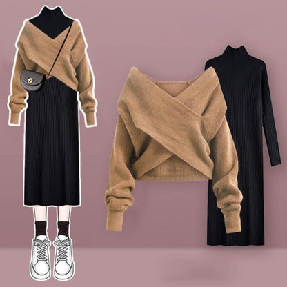 Chic Cross Knit Sweater Dress Set - D / M