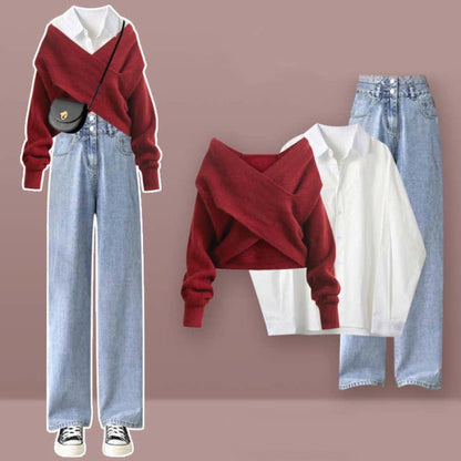 Chic Cross Knit Sweater Lapel Shirt Denim Pants Set