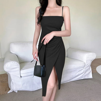 Chic Cross Sweater Ruffled Split Slip Dress Set