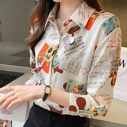 Chic Floral Letter Print Chiffon Shirt Workwear