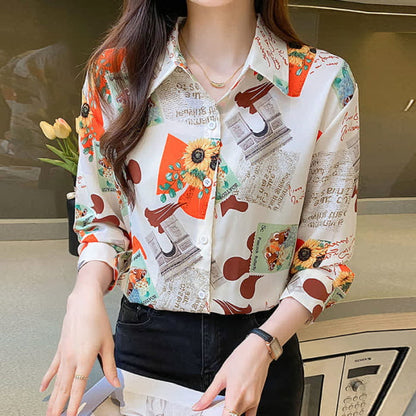 Chic Floral Letter Print Chiffon Shirt Workwear - Red / M