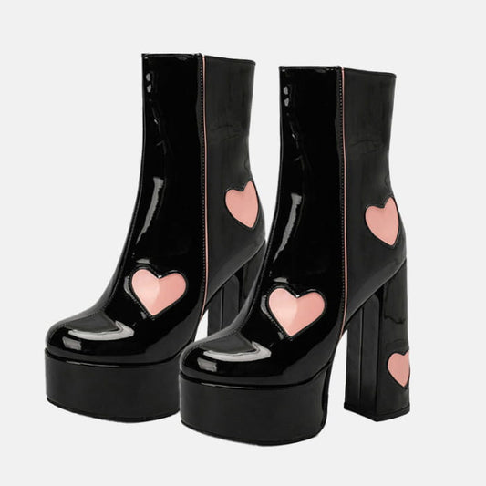 Chic Heart Print Slip-On Platform Boots - Black / 35