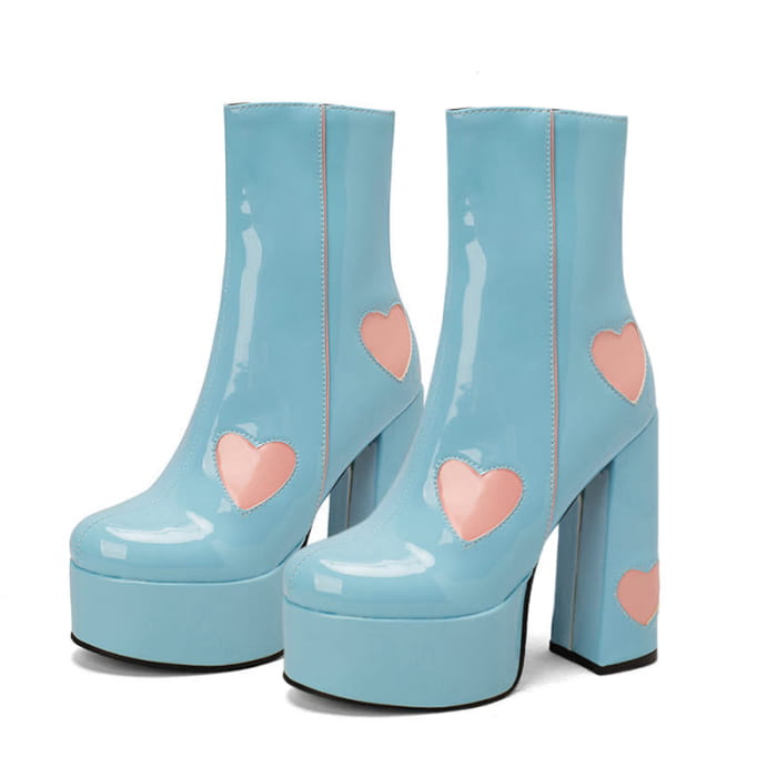 Chic Heart Print Slip-On Platform Boots - Blue / 35