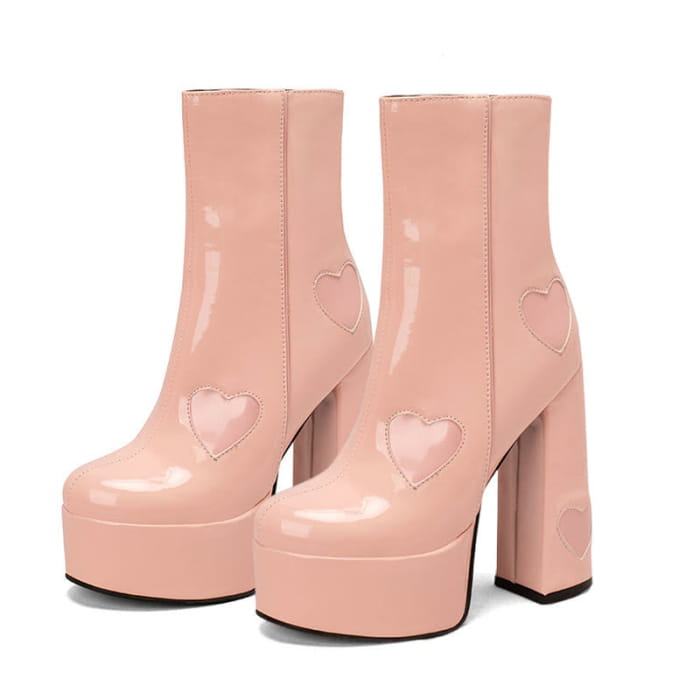 Chic Heart Print Slip-On Platform Boots - Pink / 35
