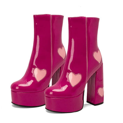 Chic Heart Print Slip-On Platform Boots - Rose Red / 35