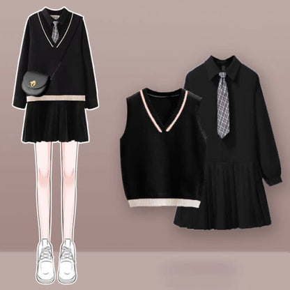 Chic Knit Vest Lapel Tie Pleated Shirt Dress Set - Black / M