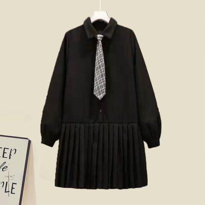 Chic Knit Vest Lapel Tie Pleated Shirt Dress Set - Black / M