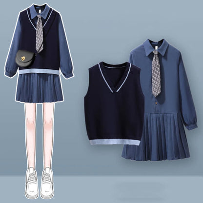 Chic Knit Vest Lapel Tie Pleated Shirt Dress Set - Blue / M