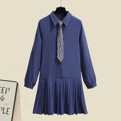 Chic Knit Vest Lapel Tie Pleated Shirt Dress Set - Blue / M