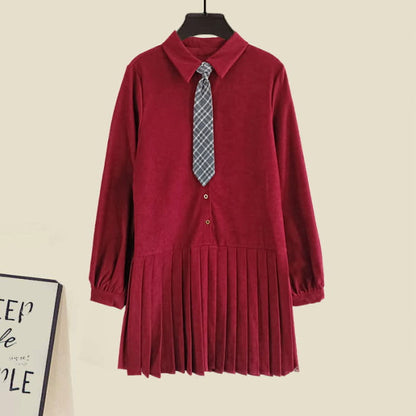 Chic Knit Vest Lapel Tie Pleated Shirt Dress Set - Red / M