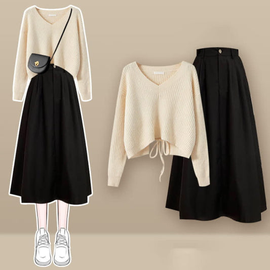 Chic Lace Up Knit Sweater A-line Skirt Set - Apricot / M