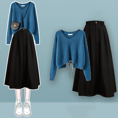 Chic Lace Up Knit Sweater A-line Skirt Set - Blue / M