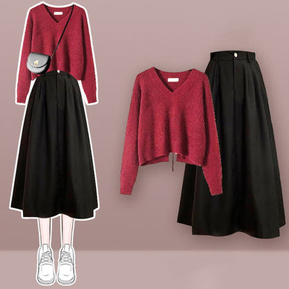 Chic Lace Up Knit Sweater A-line Skirt Set - Wine Red / M