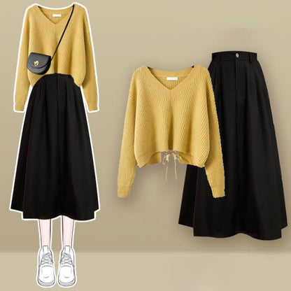 Chic Lace Up Knit Sweater A-line Skirt Set - Yellow / M