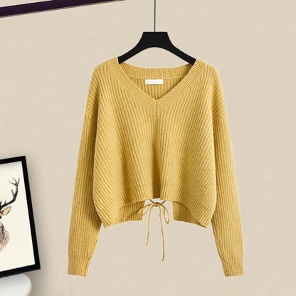 Chic Lace Up Knit Sweater A-line Skirt Set - Yellow / M