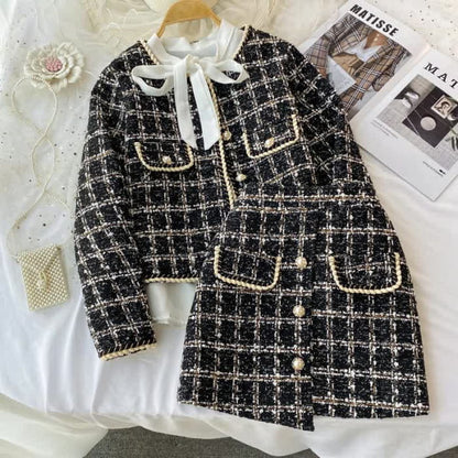 Chic Plaid Print Jacket Shirt High Waist Skirt Set - Black