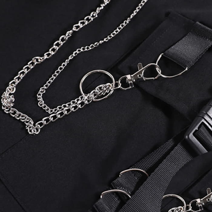 Chic Pocket Lapel Tie T-Shirt Casual Chain Cargo Shorts