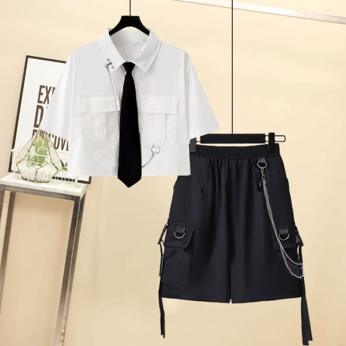 Chic Pocket Lapel Tie T-Shirt Casual Chain Cargo Shorts