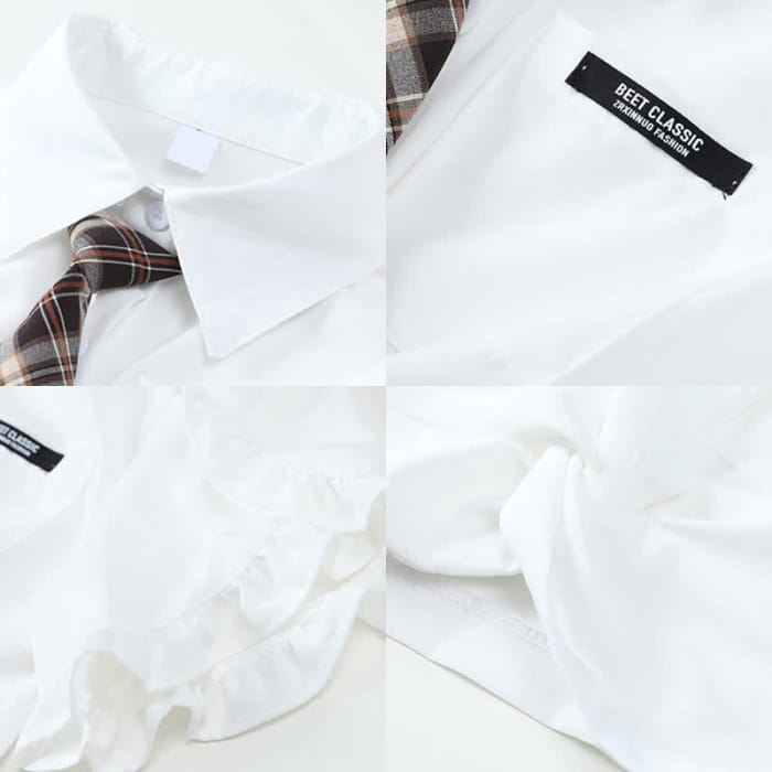 Chic Pocket Lapel Tie T-Shirt Suspender Skirt Set