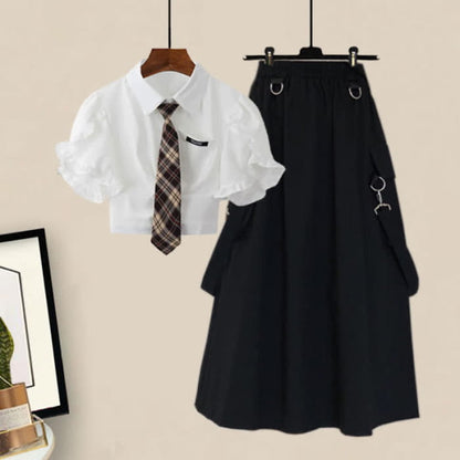 Chic Pocket Lapel Tie T-Shirt Suspender Skirt Set - M