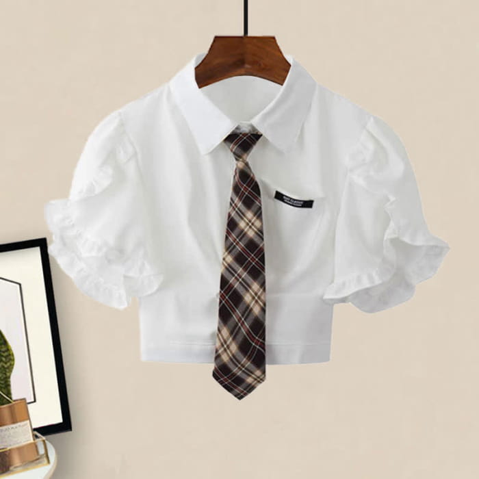 Chic Pocket Lapel Tie T-Shirt Suspender Skirt Set - M