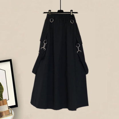 Chic Pocket Lapel Tie T-Shirt Suspender Skirt Set - M