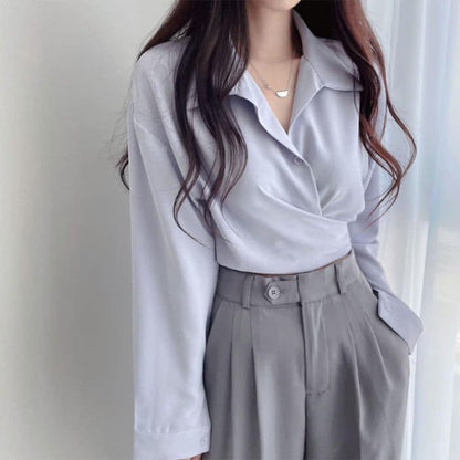 Chic Pure Color Lapel Crop Shirt