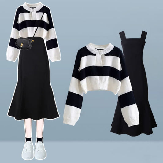 Chic Stripe Sweater Fishtail Slip Dress modakawa