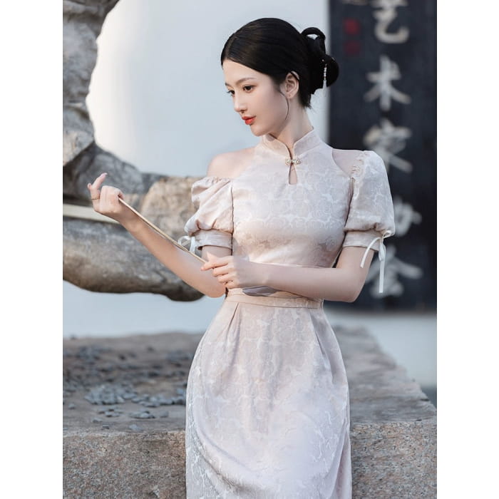 Chic Textured Puffy Sleeve Cheongsam - Female Hanfu