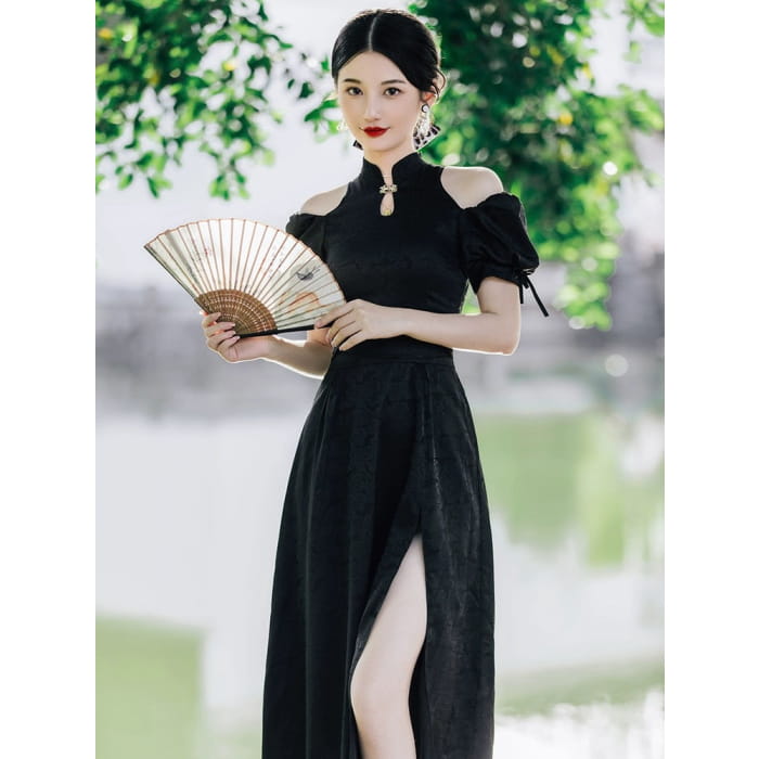 Chic Textured Puffy Sleeve Cheongsam - S / Black - Female