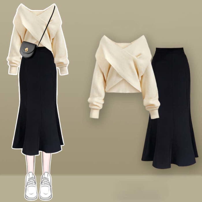 Chic V-neck Cross Knit Sweater Fishtail Skirt - Apricot Set