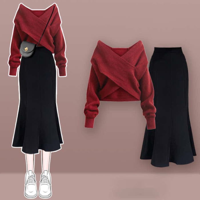 Chic V-neck Cross Knit Sweater Fishtail Skirt - Red Set / M