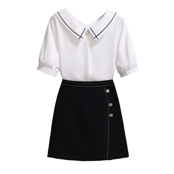 Chiffon T-Shirt High Waist Button Front Skirt