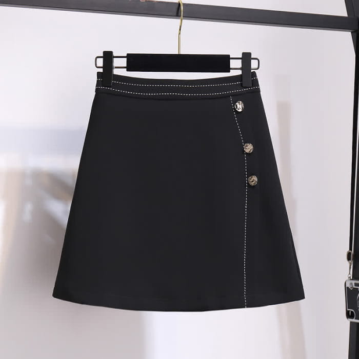 Chiffon T-Shirt High Waist Button Front Skirt - M