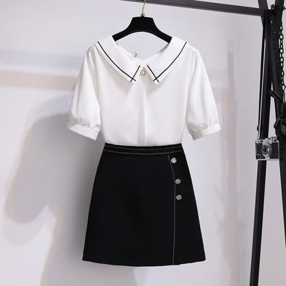 Chiffon T-Shirt High Waist Button Front Skirt - Set / M