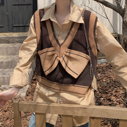 Chocolate Brown Bow Vest - Cardigan