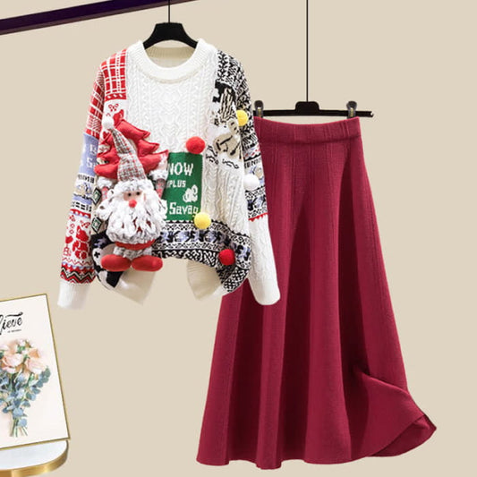 Christmas Colorblock Sweater Knit Skirt - Set A / M