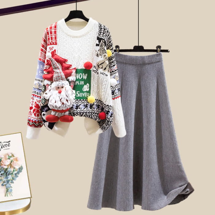 Christmas Colorblock Sweater Knit Skirt - Set G / M