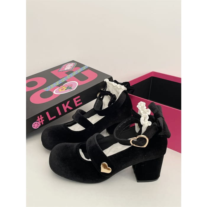 Chunky Heel Ankle Strap Bow Accent Heart Buckled Mary Jane