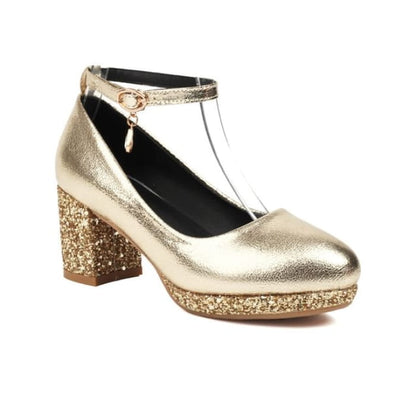 Chunky Heel Ankle Strap Sequin Pumps - Gold / 30