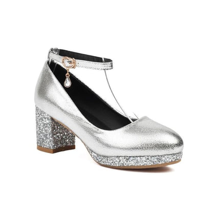 Chunky Heel Ankle Strap Sequin Pumps - Silver / 30