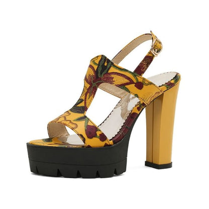 Chunky Heel Floral Print Faux Leather Slingback Sandals