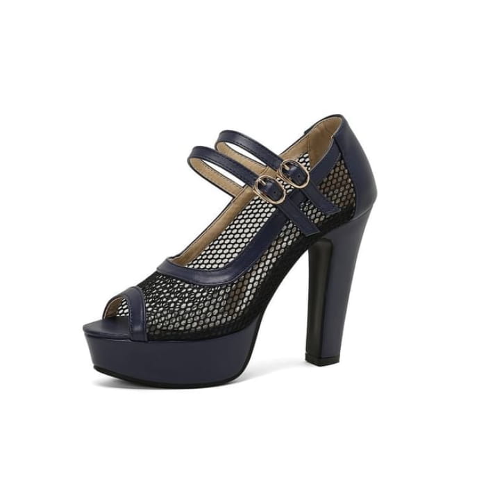 Chunky Heel Peep Toe Mesh Panel Faux Leather Mary Jane