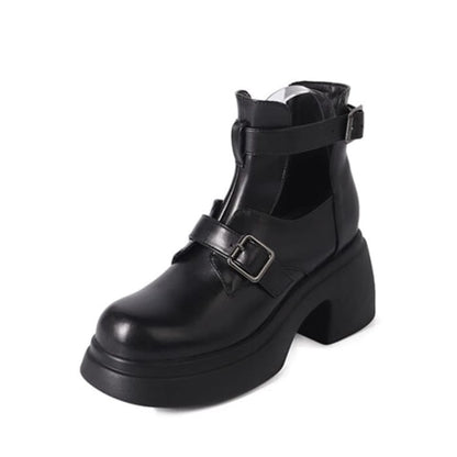 Chunky Heel Plain Cutout Buckled Faux Leather Short Boots