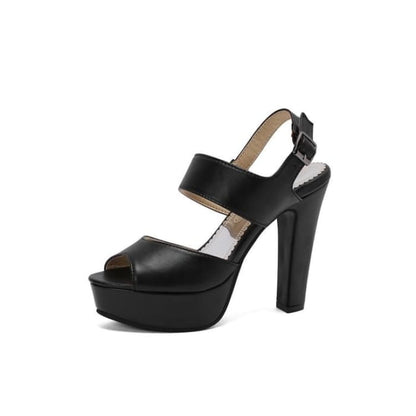 Chunky Heel Plain Faux Leather Sandals - Black / 34