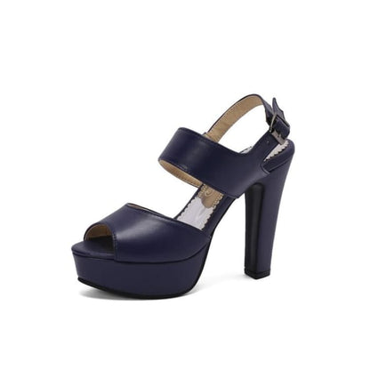 Chunky Heel Plain Faux Leather Sandals - Blue / 34