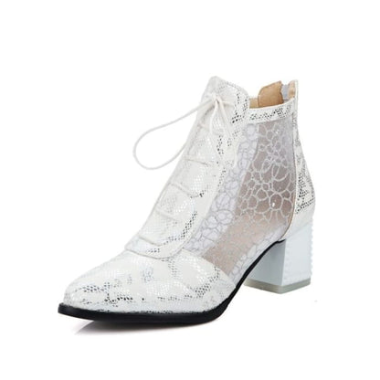 Chunky Heel Snake Skin Print Mesh Panel Lace - White / 31